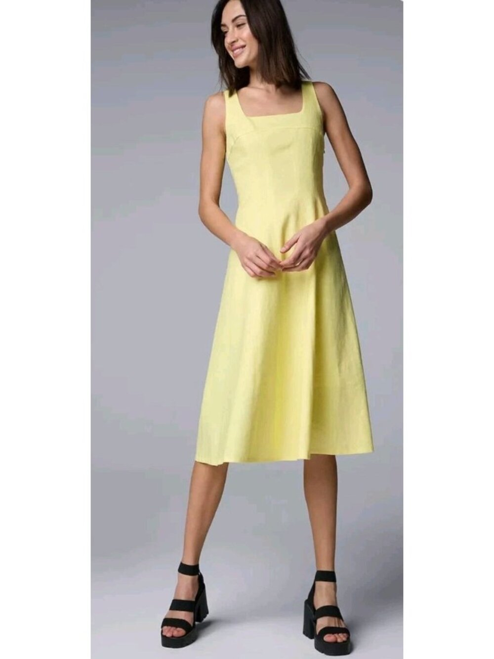 Simply Vera Vera Wang NWT Linen Blend Midi Dress XL Yellow Square Neck Smocked